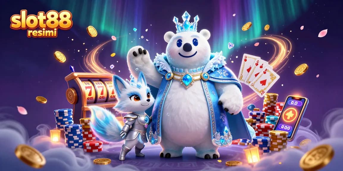 Menangkan jackpot dengan slot88 resmi melalui ilustrasi kasino epik yang menampilkan karakter dan simbol keberuntungan.