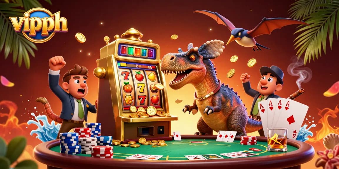 Experience the excitement at vipph with a dynamic scene of a pachycephalosaurus winning at a golden slot machine amidst vibrant casino elements.