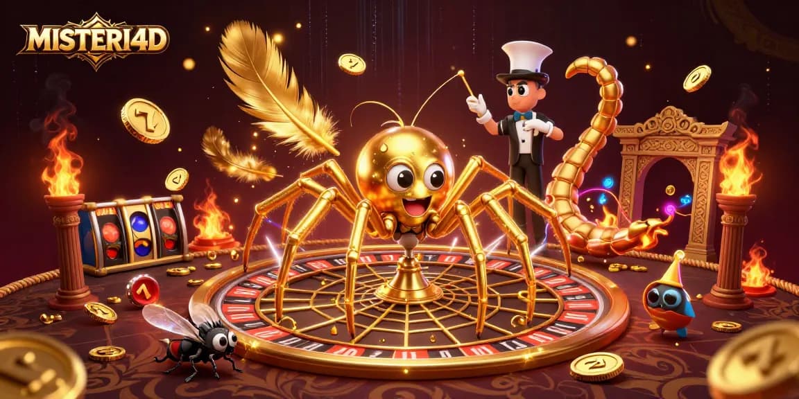 Engage in thrilling gameplay with MISTERI4D, featuring a golden spider and roulette web surrounded by stunning casino elements.