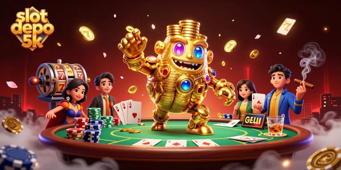 Spin the reel and win big with slot depo 5k, featuring a golden golem and vibrant casino elements.