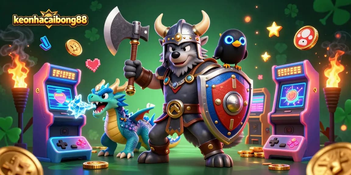 Engage with keonhacaibong88 in this vibrant 3D casino illustration featuring cartoon Viking warriors and game elements.
