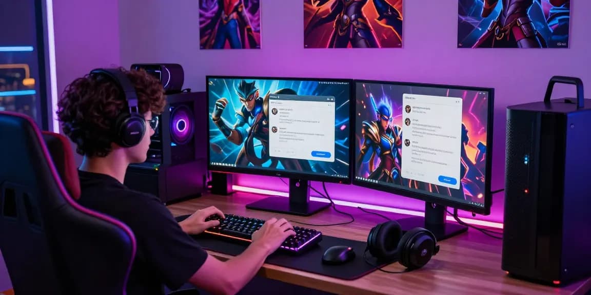 Engaging with NSFW AI chat app on a modern gaming setup with vibrant ambient lighting.
