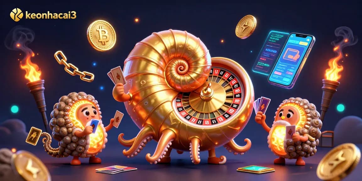 Engage with keonhacai3 in this vibrant 3D casino scene, featuring a giant nautilus roulette wheel amidst glowing crypto elements.
