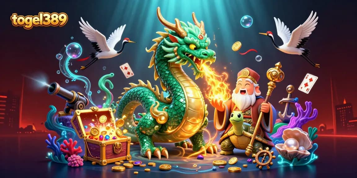 Experience the excitement of togel389 with a dynamic scene featuring dragons, turtles, and treasures.