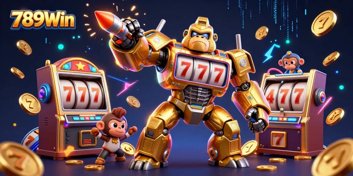 Experience thrilling gameplay at 789Win with a dynamic illustration featuring a golden gorilla mech.