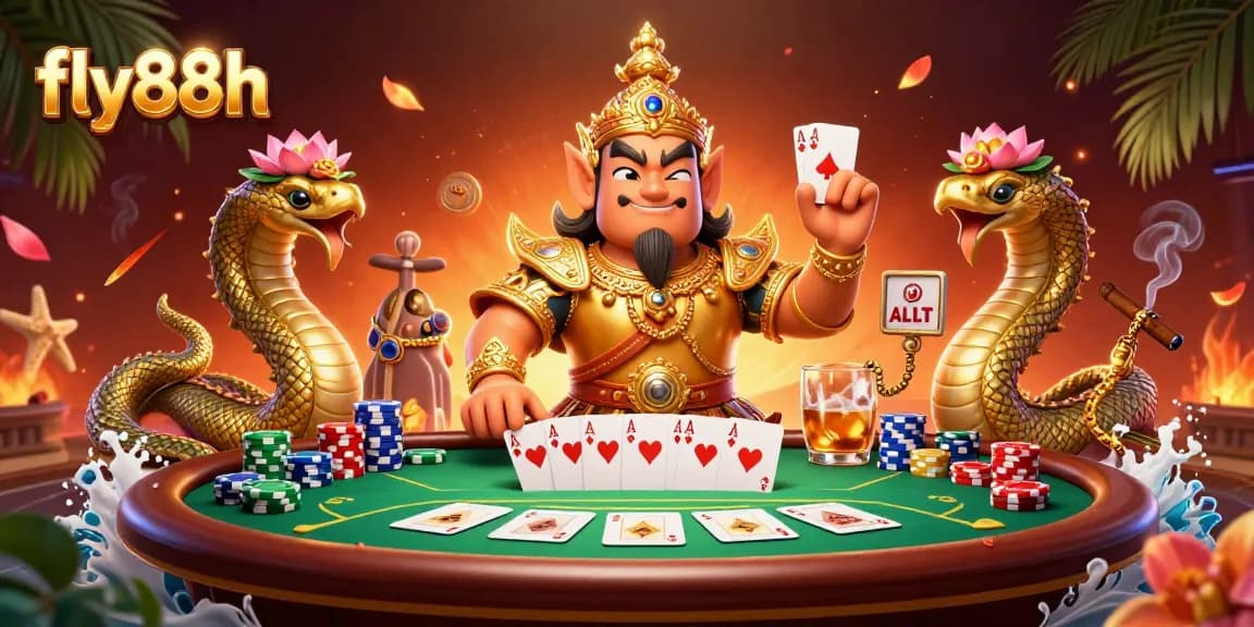 Experience the vibrant action with fly88h at a colorful poker table, surrounded by striking golden guardians.