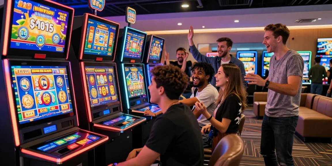 Teman-teman bersenang-senang di depan mesin slot modern sambil bermain slot