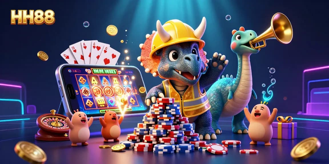 Engage with HH88's thrilling games and exciting poker chip battles in a colorful online casino scene.