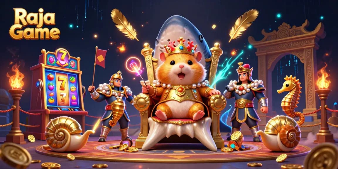 Engage with Raja Game as a fierce golden hamster king rules from a megalodon throne amidst vibrant slot machine action.