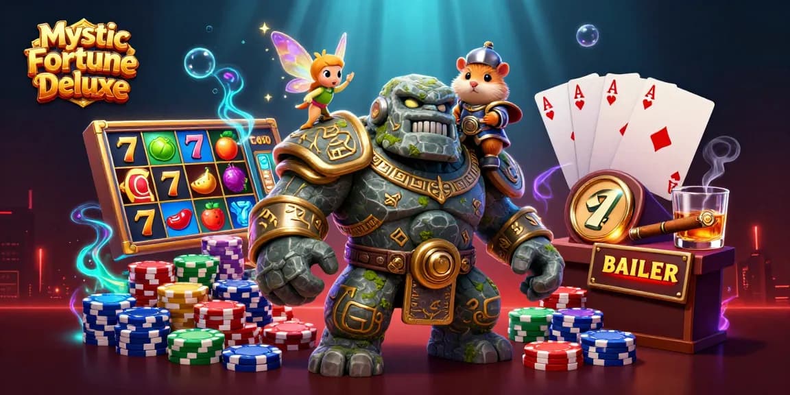 Mystic Fortune Deluxe showcases colorful slot reels and engaging characters in a vibrant casino-themed scene.