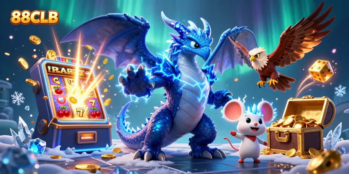 Join the thrill of 88CLB with this exciting casino illustration, featuring dynamic dragons and winning jackpots.