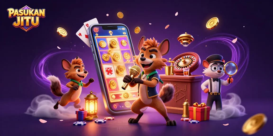 PASUKAN JITU hyenas entertain in a vibrant casino scene with colorful slot games.