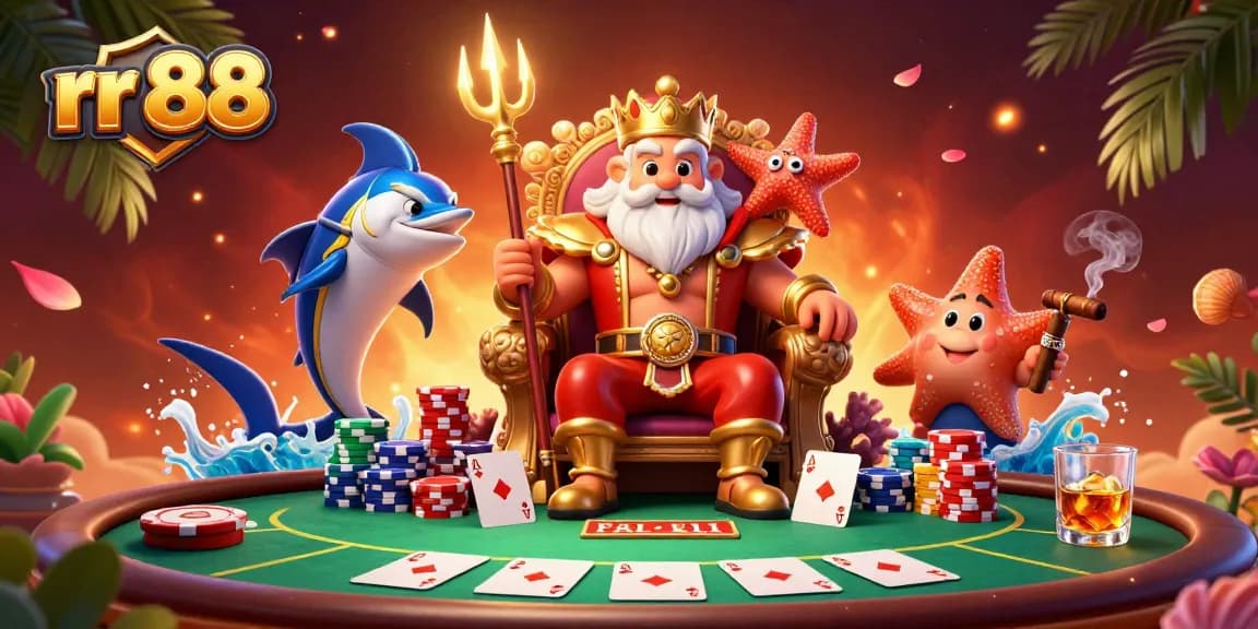 Play at rr 88 with cartoon Neptune, immersive poker scene, vibrant elements, 3D illustration.