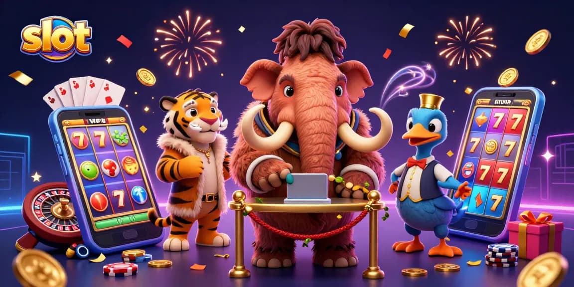 Menang di slot dengan bouncer mamut berbulu dan tamu harimau, dikelilingi elemen permainan.