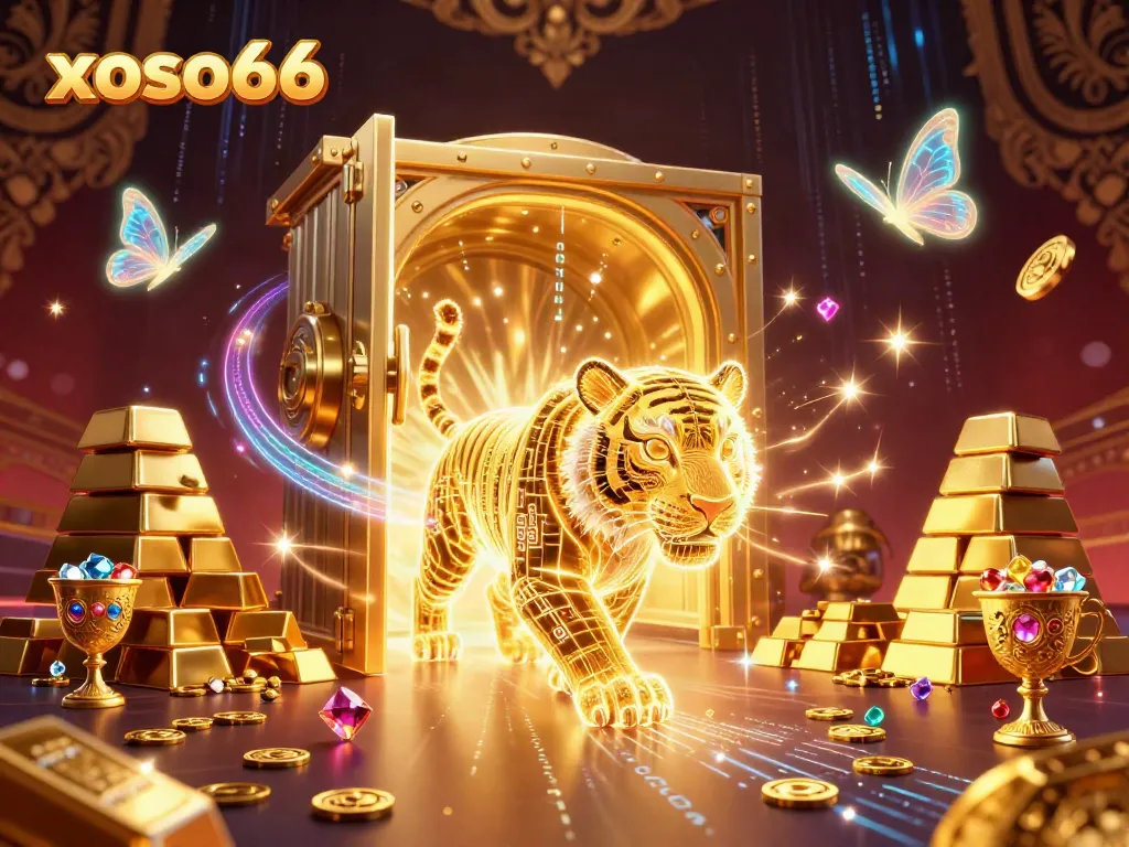 Experience exciting wins at xoso66 with a vibrant casino scene featuring a golden tiger and sparkling treasures.