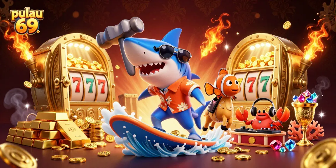 Pulau 69 showcases vibrant 3D characters celebrating slots, with a gold coin wave and casino elements.