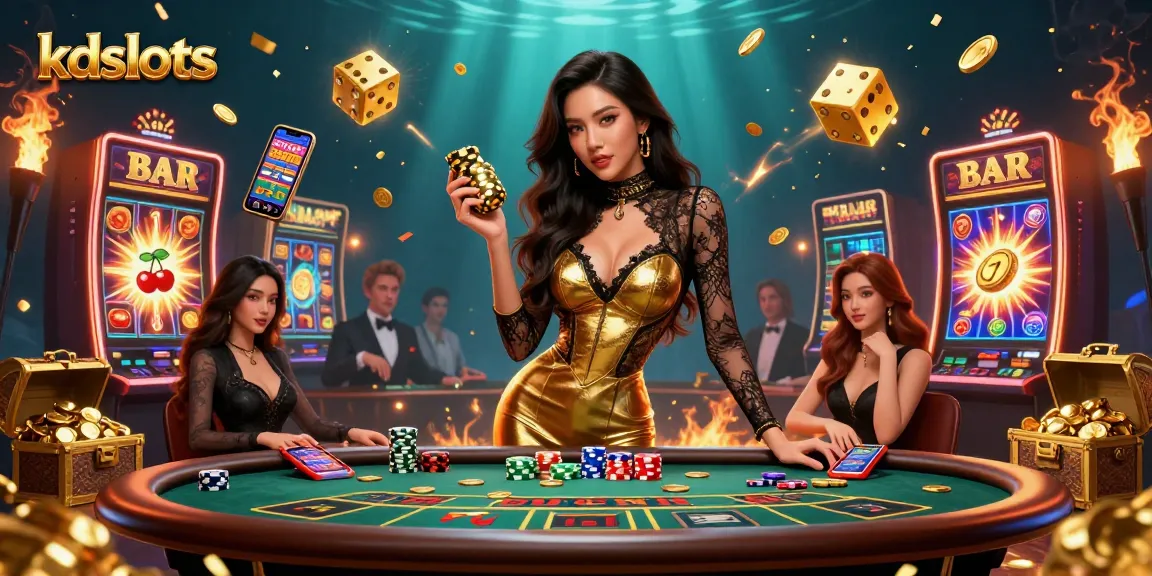 KDslots website featuring a glamorous player winning at a VIP baccarat table surrounded by exciting casino elements.