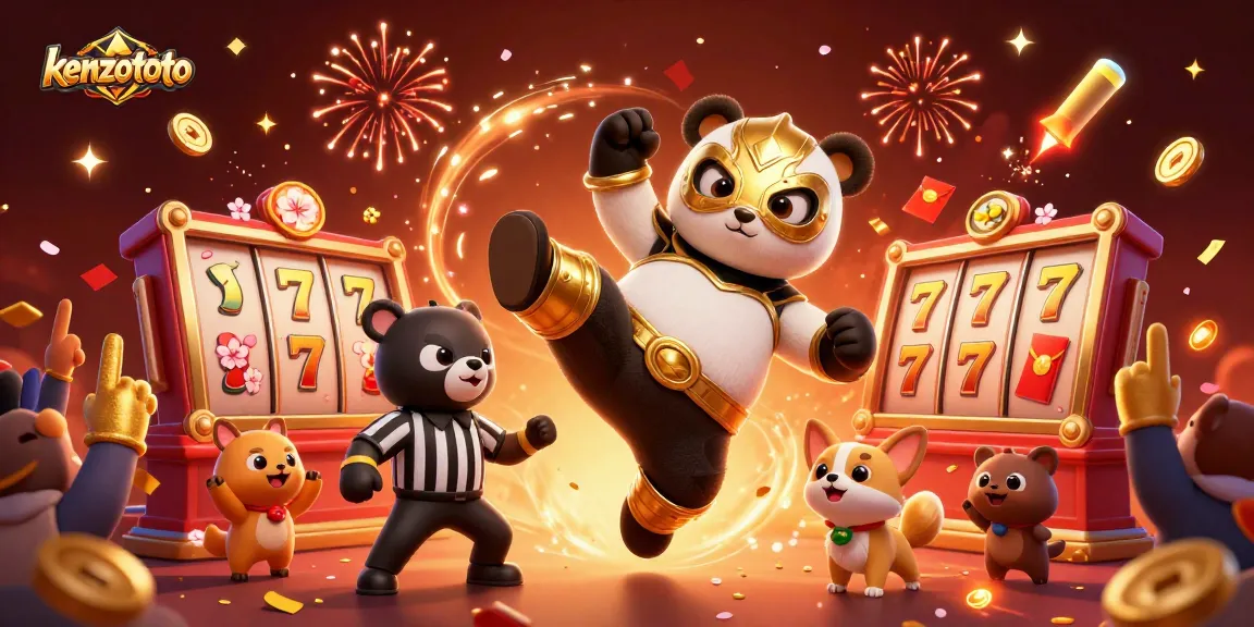 Kenzototo slots come alive with a panda wrestler kicking in celebration amidst glowing symbols and captivating fireworks.