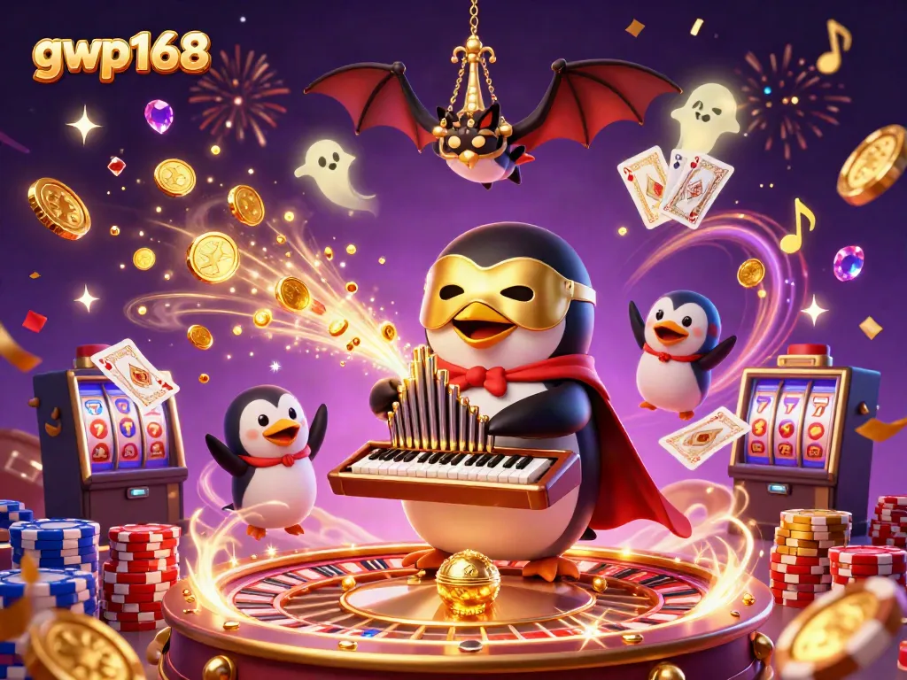 Gwp168 menawarkan pengalaman bermain seru dengan penguin phantom yang memainkan organ dan koin emas meluncur ke udara.