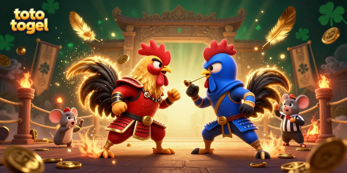 Engage in thrilling toto togel action with dynamic fighting roosters in a vibrant 3D casino scene.