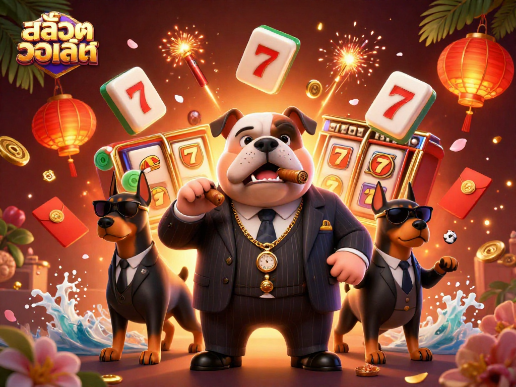 Engage in เกมสล็อตวอเลท with a vibrant scene featuring a mafia boss and bodyguards surrounded by dynamic elements.