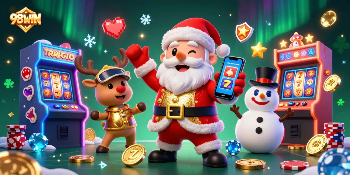 Engage in thrilling slots gameplay at 98WIN with fun casino characters in a vibrant 3D scene.