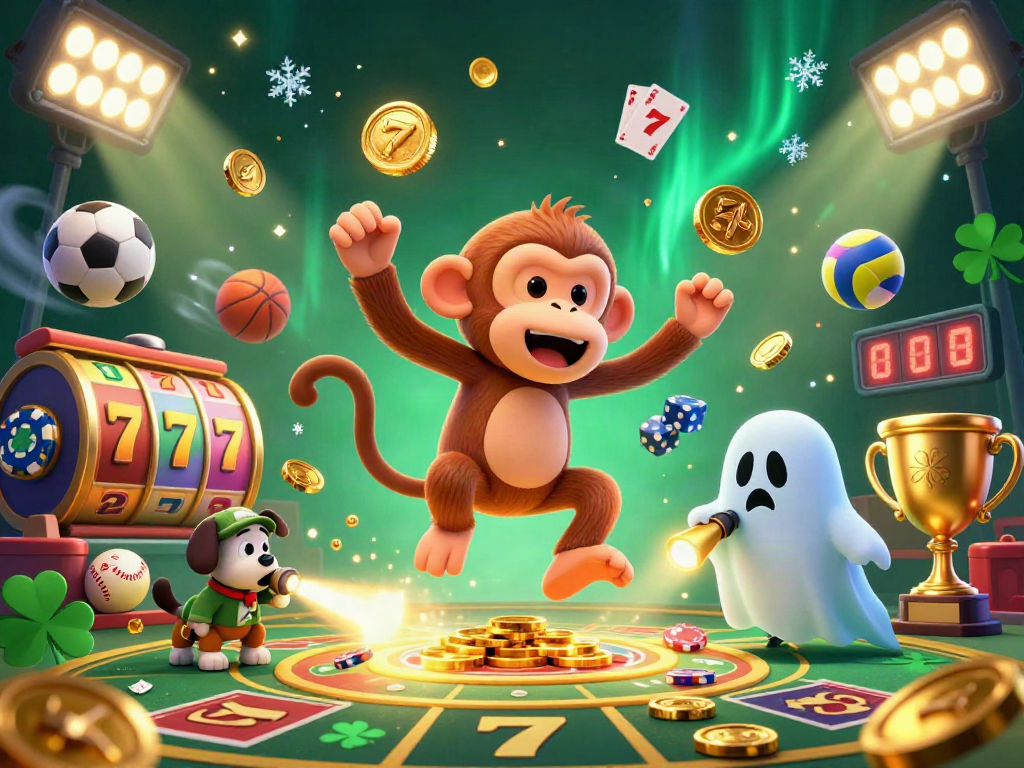 Engage with gacorbos88 as a mischievous poltergeist monkey juggles casino treasures in a haunted gaming scene.