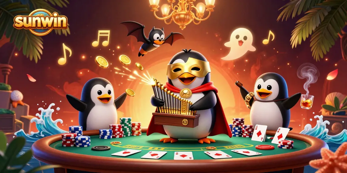 Enjoy exciting games at sunwin with an animated scene of a penguin organist, poker, and festive elements.