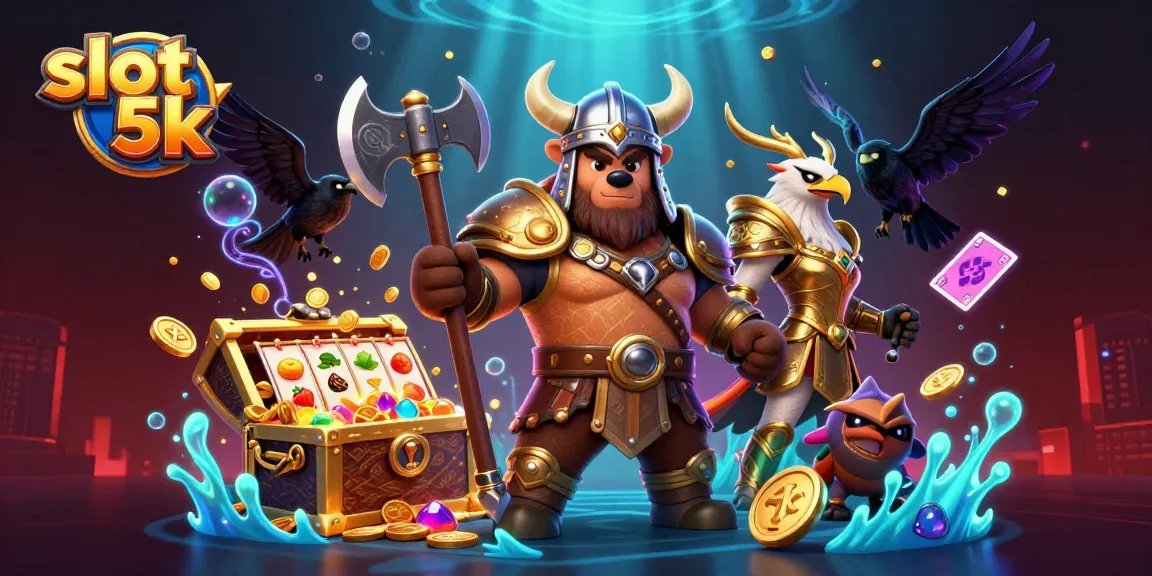 Mainkan slot 5k dengan karakter Viking dan elemen kasino di latar belakang yang mengesankan.