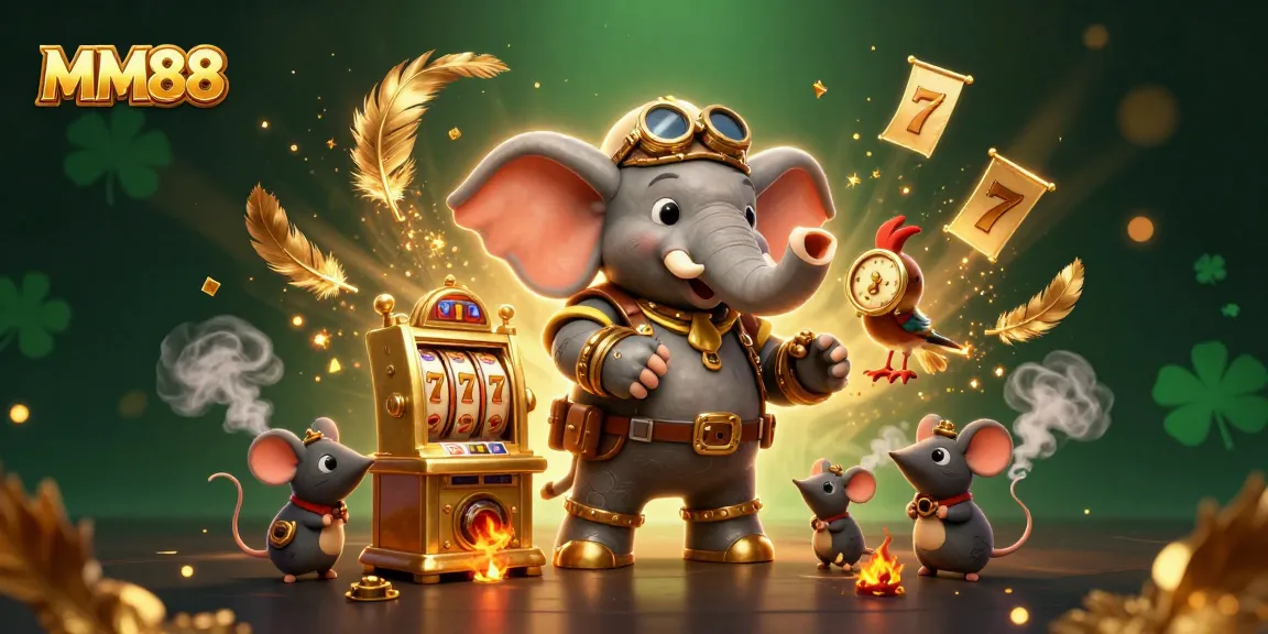 Engage with MM88's dynamic slot machine scene featuring a steampunk elephant and vibrant game elements.
