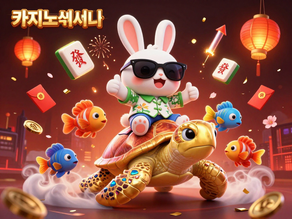 카지노사이트에서 행운을 만끽하며 게임에 참여하는 귀여운 토끼와 거북이의 모습