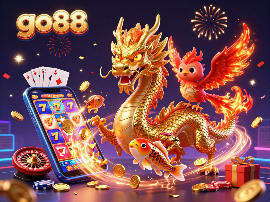 Experience thrilling wins at go88 with a golden dragon, phoenix, and koi fish amid vibrant 3D casino elements.