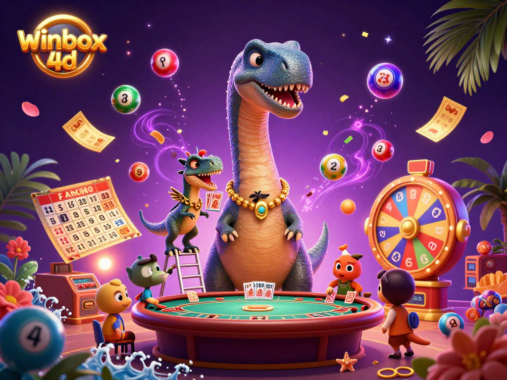 Engaging winbox 4d illustration with dynamic characters and vibrant casino elements.
