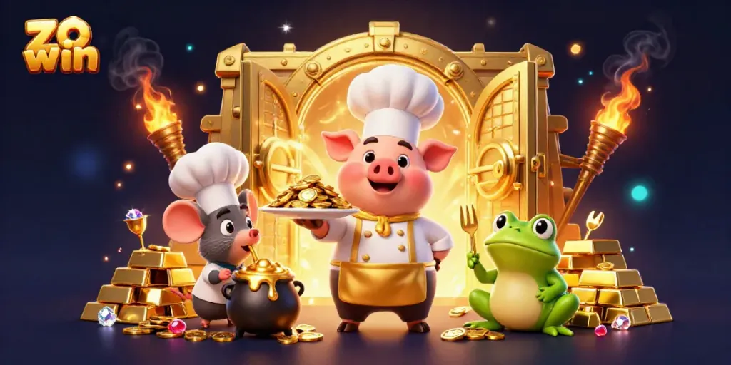 Play casino games with zo win in a vibrant and rich 3D scene filled with gold coins and thrilling characters.
