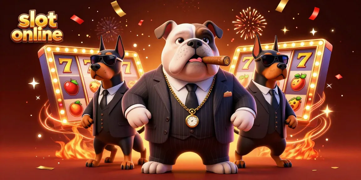 Experience the thrill of slot online with a mafia-themed 3D digital illustration featuring vibrant reels and characters.