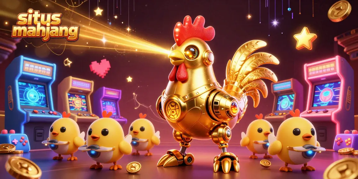 Engage with situs mahjong while enjoying thrilling laser-action from a golden rooster robot amidst vibrant casino game elements.