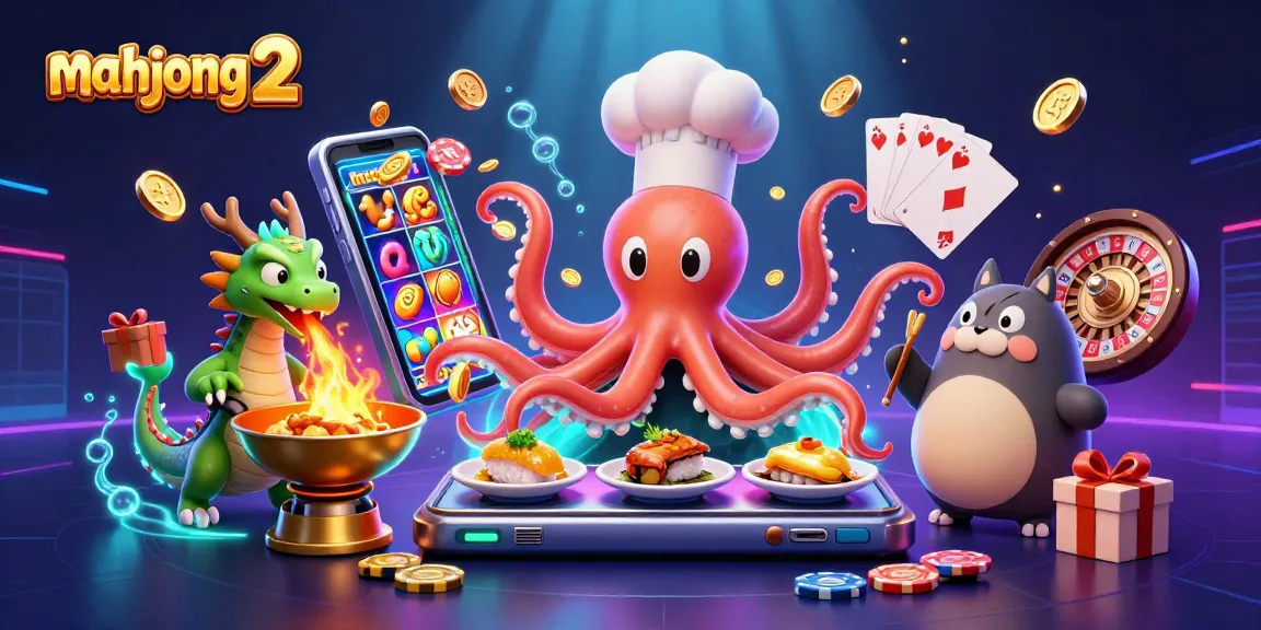 Experience exhilarating gameplay with Mahjong 2 featuring a vibrant sushi chef and dragon in a dynamic casino scene.