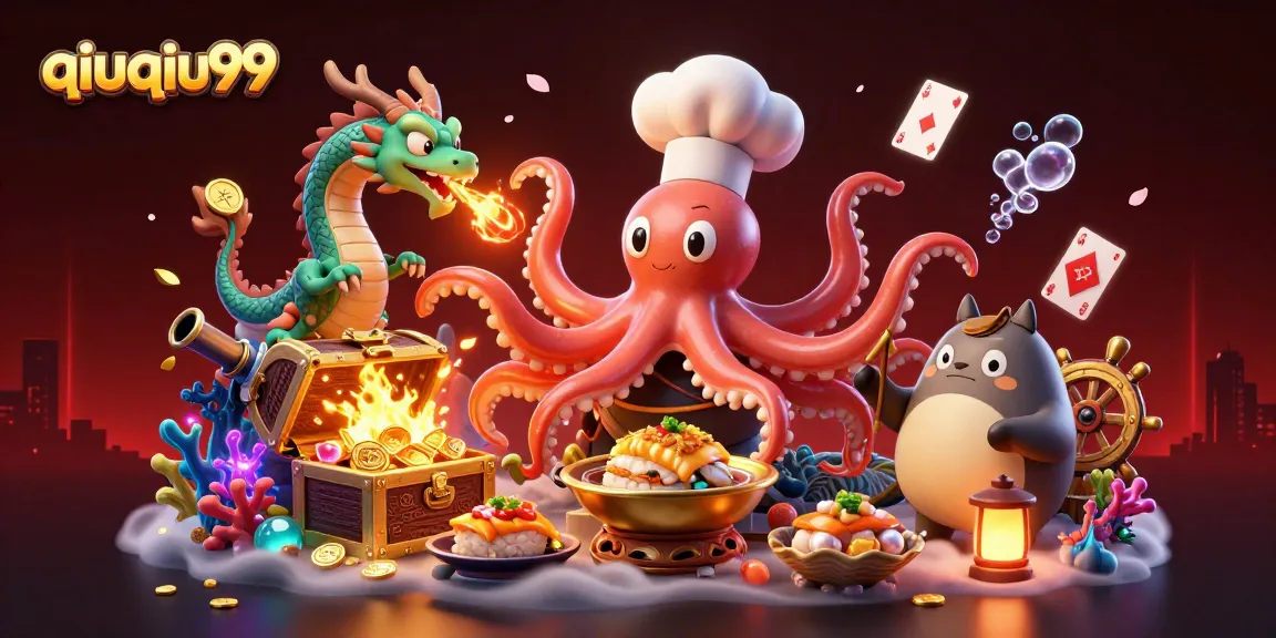 Engage with qiuqiu99 at the dynamic scene with a sushi chef octopus, dragon and tanuki enjoying casino-themed adventures.