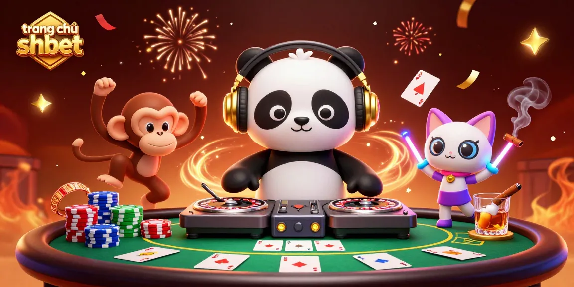 Experience excitement at trang chủ shbet with a lively cartoon scene featuring casino games and characters celebrating.