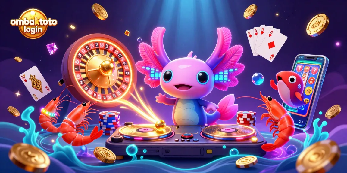 Experience vibrant energy at ombaktoto login with animated axolotl DJ and glowing casino elements.