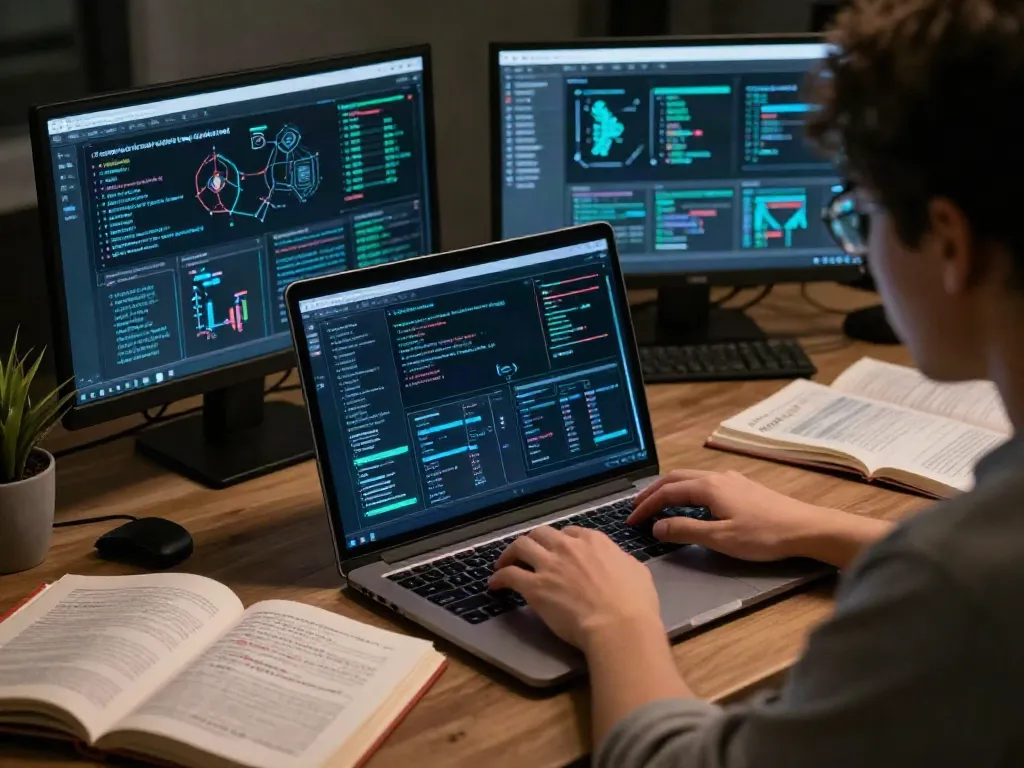 Researcher analyzing the hidden wiki dark web in a focused workspace with encrypted data.