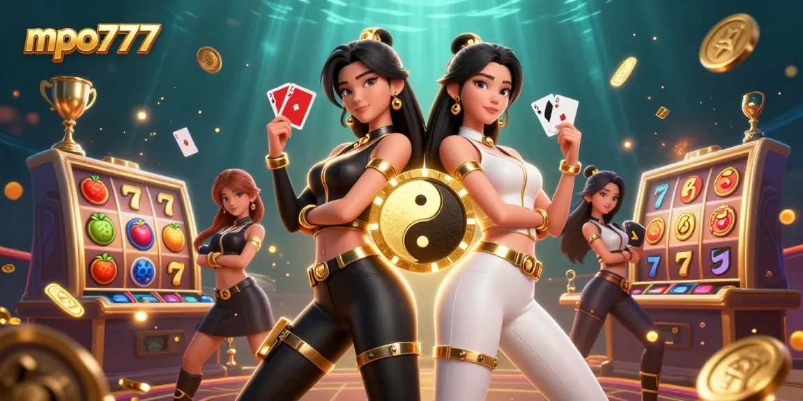 Play exciting slot games with mpo777 featuring dazzling twin Asian women with cards.