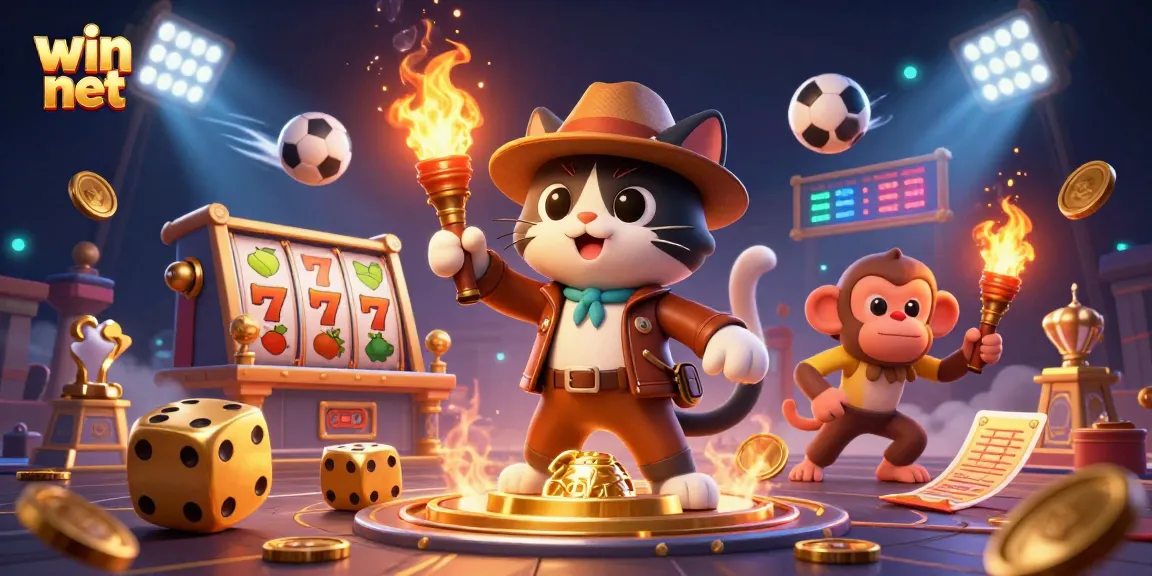 Experience the thrill of win net as vibrant characters unveil treasures in a golden casino setting.