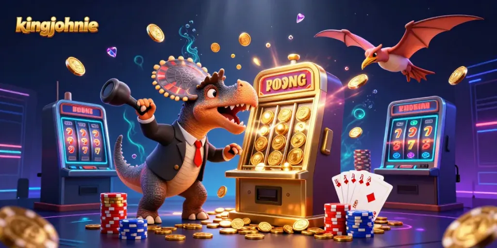 Experience a jackpot frenzy at kingjohnnie as characters collide in a vibrant casino scene full of golden coins and excitement.