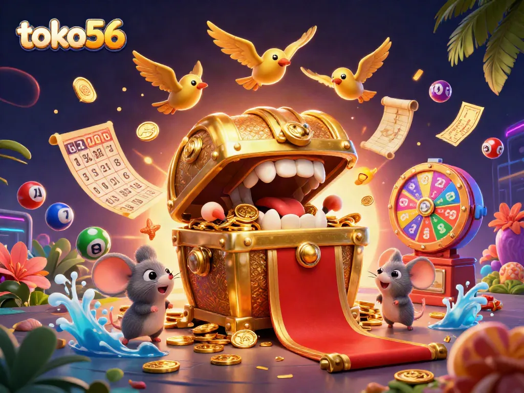 Menangkan hadiah dengan toko56 di ilustrasi kasino 3D yang berdesain menarik dan penuh warna.