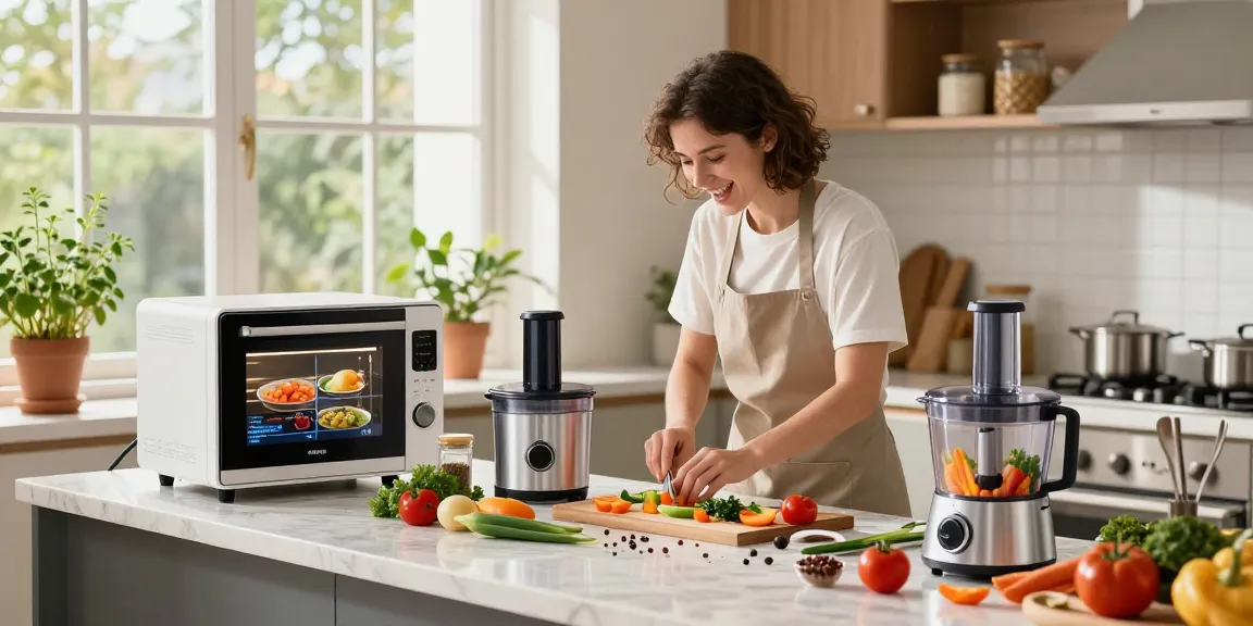 Home cook using AI cooking gadgets in a modern kitchen while preparing a colorful meal.