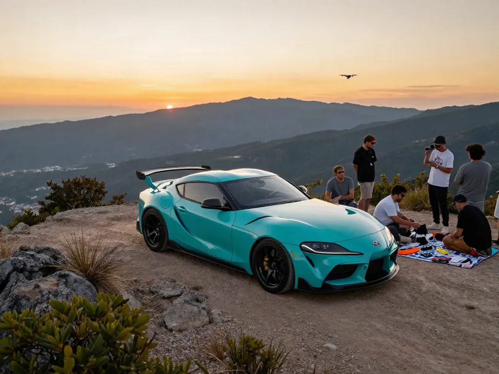 A80 platform showcased with a modified Toyota Supra at sunset, highlighting car culture and community.