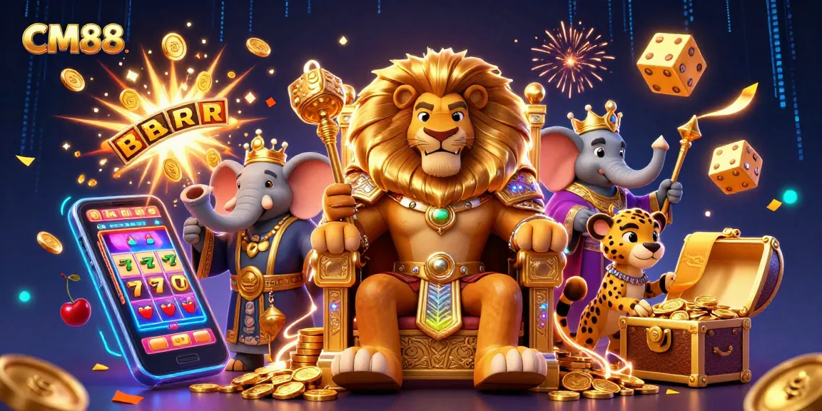 Engage with CM88's thrilling casino experience featuring vibrant characters, slot machines, and electric energy!