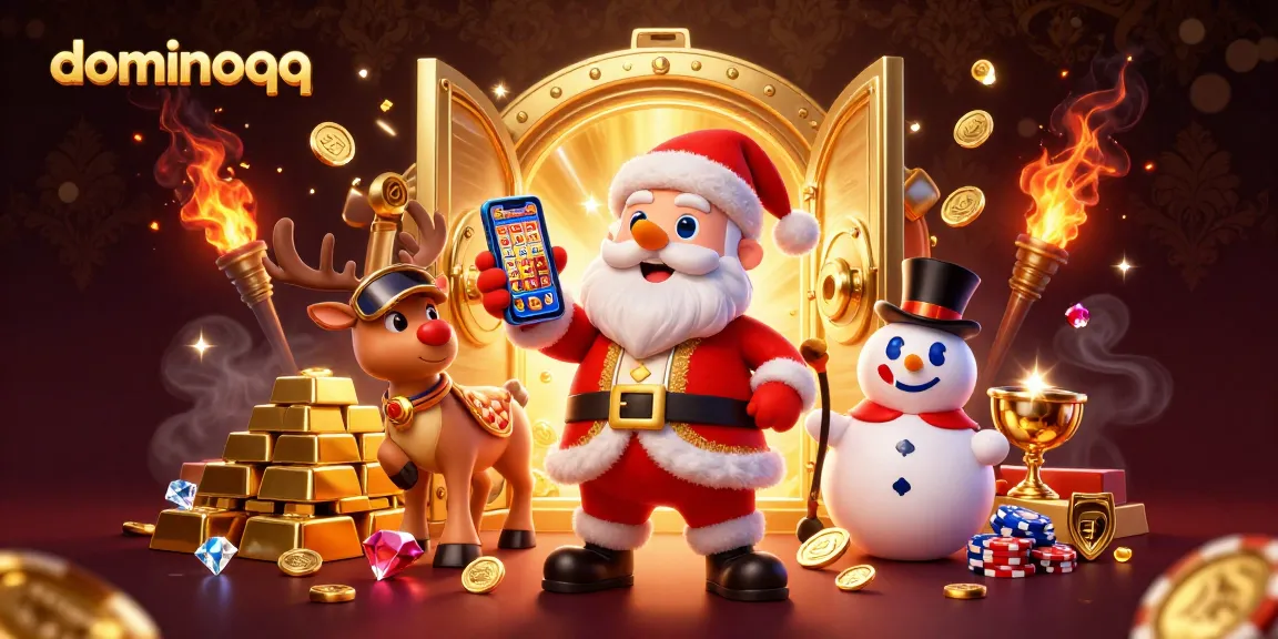 Engage in thrilling dominoqq gameplay with festive characters in a vibrant casino scene.