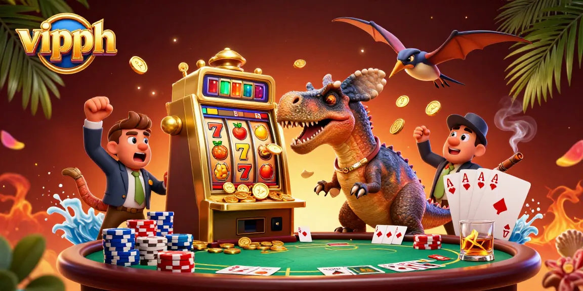 Experience the excitement at vipph with a dynamic scene of a pachycephalosaurus winning at a golden slot machine amidst vibrant casino elements.